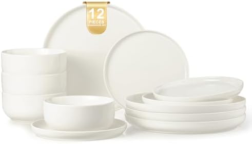 EWFEN Plates and Bowls Sets, 12 Pieces Ceramic Dinnerware Set for 4