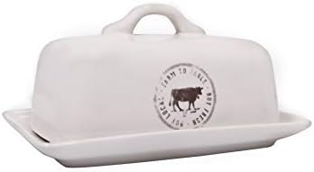 Creative Co-Op Stoneware Butter Dish with Cow Stamp and Farm-to-Table