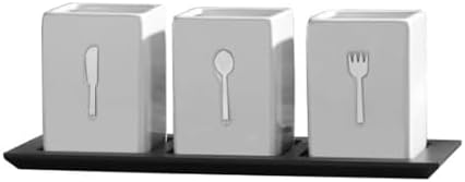 Towle Living 3-Piece Ceramic Caddy with Wood Tray, White, Black