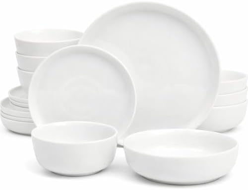 Gibson Home Plates and Bowls Sets - Dinnerware Set for 4, 16-Piece White Dishes — Ceramic Dish Set| Microwave & Dishwasher Safe Dishes - Oslo Collection
