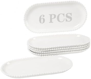 12 Inch White Porcelain Oval Serving Platters, Bead Rim, Set of 6