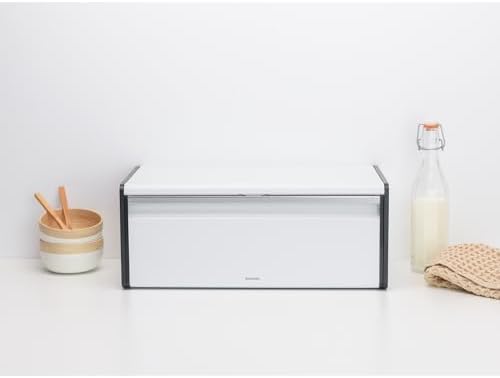 Brabantia Rectangular Fall Front Bread Box | White | Large Metal Front Opening Bread Store for Kitchen Countertop | Flat Top for Extra Storage, Magnet Closing Lid | Fits 2 Loaves