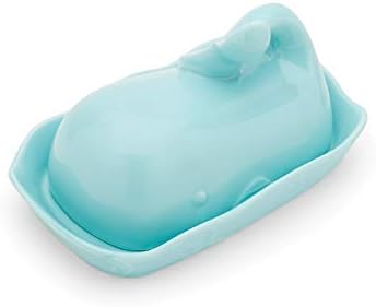 Fox Run Ceramic Whale Butter Dish with Lid, 7", Aqua Blue Cute Butter