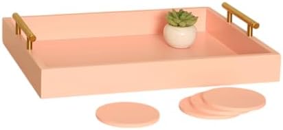 16.5"x13" Pionk Wooden Ottoman Tray, Gold Metal Handles 4 Coasters