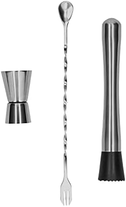 Stainless Steel Cocktail Jigger Muddler Stirring Spoon Set with