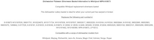 Replacement for Whirlpool Dishwasher Flatware Silverware Basket