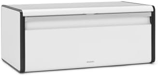 Brabantia Rectangular Fall Front Bread Box | White | Large Metal Front Opening Bread Store for Kitchen Countertop | Flat Top for Extra Storage, Magnet Closing Lid | Fits 2 Loaves