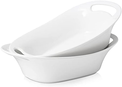 DOWAN Large Serving Bowls with Handles, 60 OZ Oval Serving Platter for Turkey, Fruit Salad Serving Dishes for Entertaining, Porcelain Pasta Bowls for Thanksgiving Day, Parties, Set of 2, Soft White