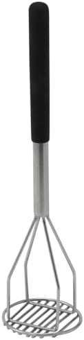 Winco 4" x 18" Black Potato Masher, Round with Handle, Textured Grip