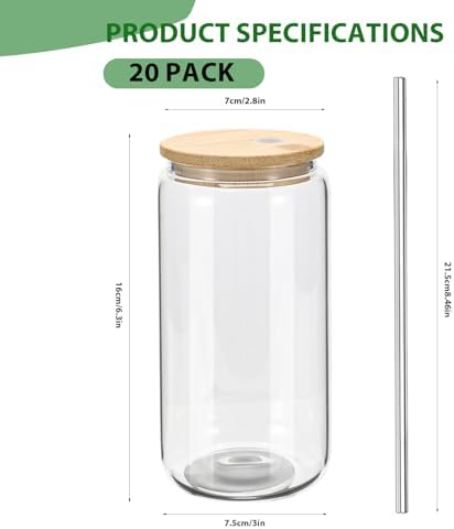 YOUKE OLA 20 Pack Glass Cups with Bamboo Lids and Metal Straw Can