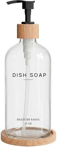 Brighter Barns Clear Glass Dish Soap Dispenser with Bamboo Tray