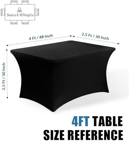 4FT Black Table Cloth - 2 Pack, Fitted Stretch Rectangle Spandex