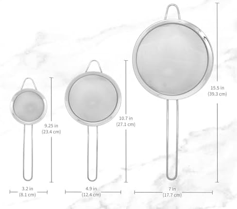 3 Fine Mesh Strainers Set with Handle for Kitchen - Sizes 7", 4.7"