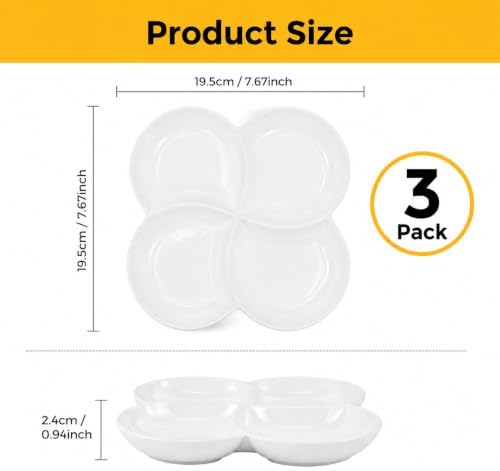 3 Pack Porcelain Appetizer Platter, 4 Compartment, White