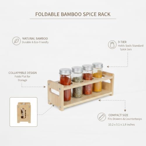 Spice Rack Organizer, Collapsible 3-Tier Bamboo Stand for Kitchen
