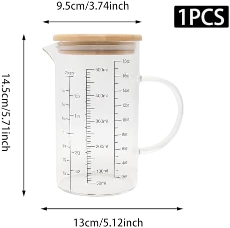 500ML Glass Measuring Cup with Bamboo Lid/OZ/Cup/ML Scales&V-Spout