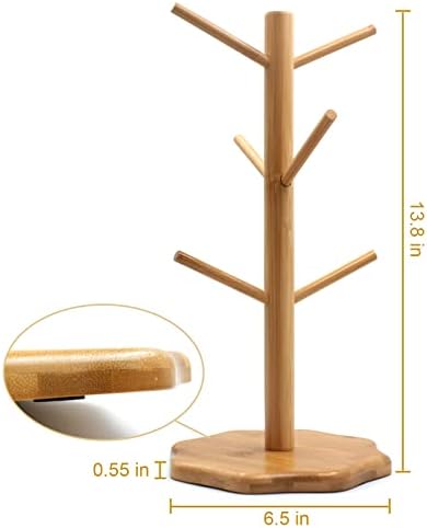 Bamboo Countertop Mug Tree Stand with 6 Hooks, Octagon Base Coffee Cup