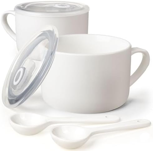 Soup Bowls with Handles & Spoons, 30oz Ceramic Ramen Bowl with Lid