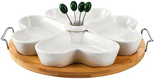 ZEAYEA 11 Inch Appetizer Serving Tray with Holder, Ceramic Divided Serving Platter with Food Picks for Christmas, Relish Tray for Chips and Dip, Veggies, Candy and Snacks, Parties, White