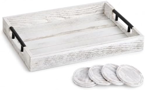 Whitewashed Wooden Serving Tray with Black Metal Handles and 4
