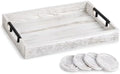 Whitewashed Wooden Serving Tray with Black Metal Handles and 4