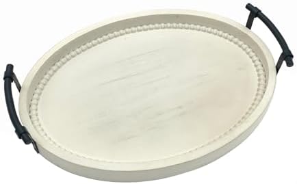 Oval Rustic Wooden Decorative Tray, Serving Tray with Metal Handles