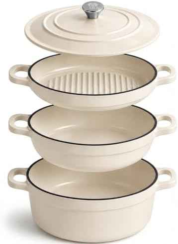 AHJ Enameled Cast Iron Dutch Oven Set - 4 Piece Cookware Set with Lids
