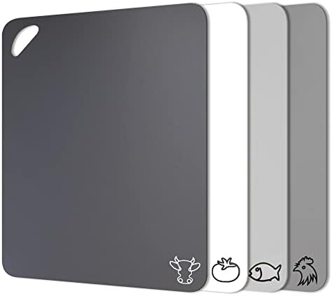 Fotouzy Plastic Cutting Boards with Food Icons, Set of 4, Flexible Cutting Mats with Hole, BPA-Free, Non-Slip and Dishwasher Safe, Modern Neutral Colors