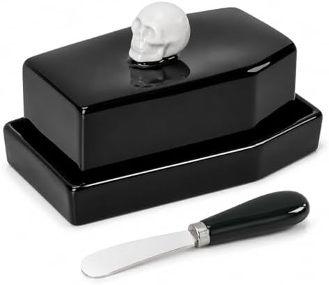 Skull Ceramic Butter Dish with Lid and Butter Spreader