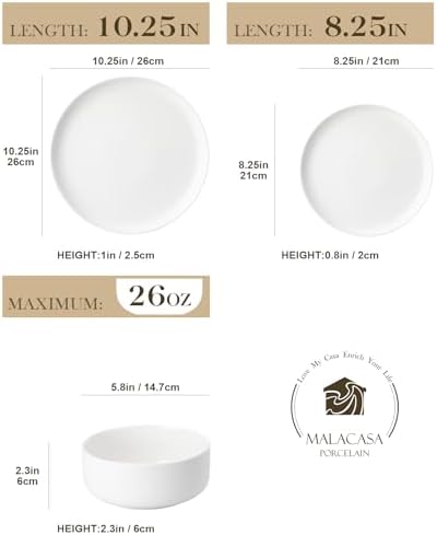 MALACASA Plates and Bowls Sets, 24 Pieces Modern Porcelain Dinnerware Set for 8, Ceramic Dishware Dishes White Kitchen Dinner Dining Ware Set, Microwave and Dishwasher Safe, Series LUNA