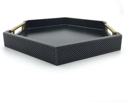 Serving Tray with Polished Metal Handles, Hexagon Coffee Table Tray