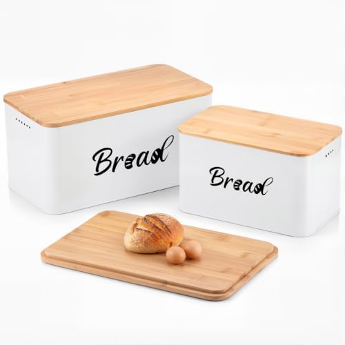 Metal Bread Box Set of 2 with Bamboo Lid, Modern Bread Storage Containers with Air Vents, Bamboo Cutting Board Lid, Farmhouse Kitchen Decor Organizer for Countertop, 2-Size (Large & Small)White