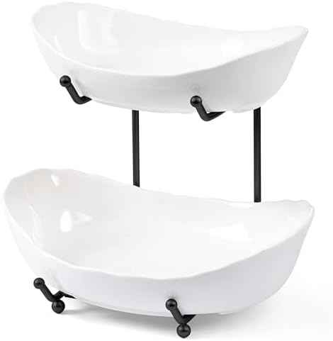 HBlife 2 Tier Fruit Bowl, Ceramic Fruit Basket for Kitchen Counter