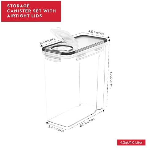 DWËLLZA KITCHEN Cereal Containers Storage 4L Set of 4 Airtight Food Storage Containers with Lids Cereal Dispenser Countertop Pantry Organization Canister for Rice Flour & Sugar 1 Marker 8 Labels