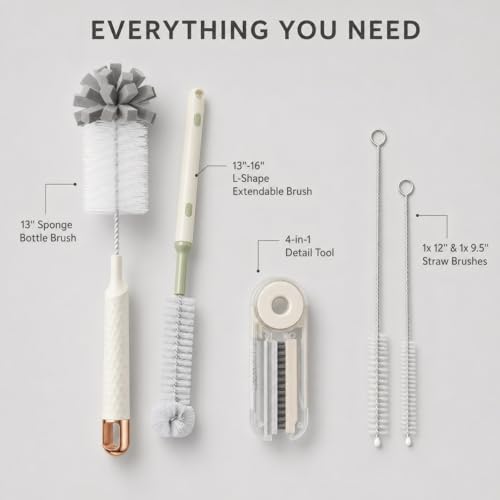 Water Bottle Cleaning Brush Set, 5-in-1 Bottle Brush Kit with Sponge