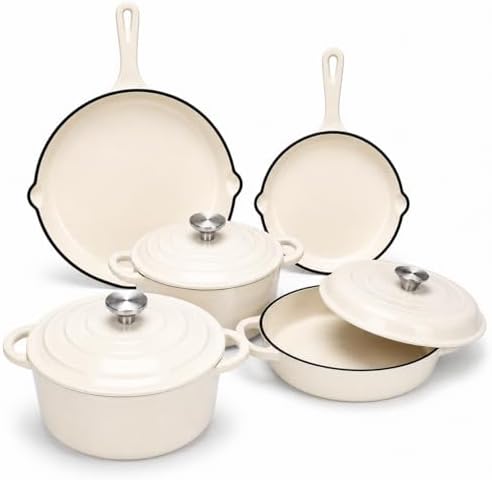 Hisencn Enameled Cast Iron Cookware Set, 8 Piece of Casserole, Dutch Ovens, Skillet and 3 Lids, Ceramic Coated Cast Iron Dutch Oven Set, Gas/Induction Compatible, PFA Free, with Pan Rack