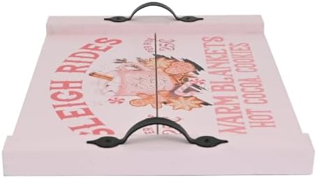 Pastel Pink Christmas Wooden Serving Tray with Metal Handles, Sleigh