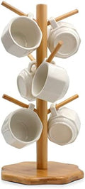 Bamboo Countertop Mug Tree Stand with 6 Hooks, Octagon Base Coffee Cup