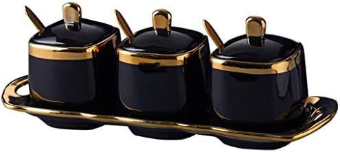 Black Sugar Bowl with Lid and Spoon,Ceramic Condiment Jars Spice