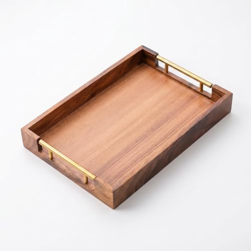 Walnut Wood Serving Tray with Metal Handles, Decorative Wooden Tray