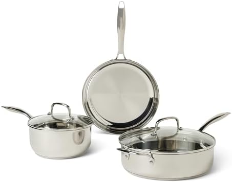 Amazon Basics Stainless Steel Cookware Set, 5-Piece, All Cooktop Friendly, Dishwasher-Safe, Induction Compatible