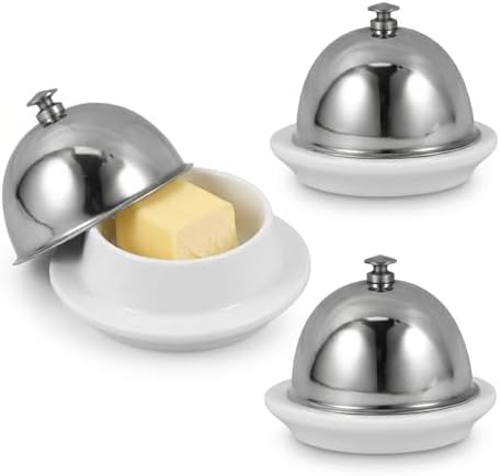 Tofficu 3 Pcs Ceramic Butter Dish with Lid, Round Butter Keeper with