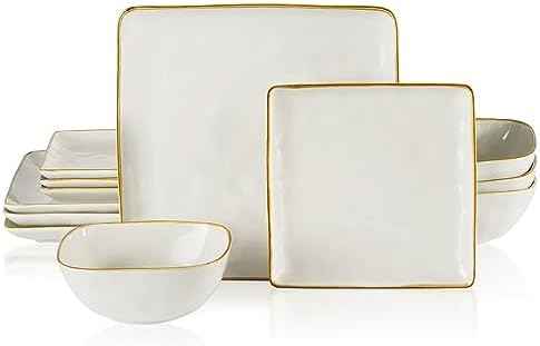 Famiware Square Plates and Bowls Sets, 12pcs Stoneware Dinnerware Set