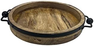 12 Inch Round Wooden Serving Tray with Metal Handles Rustic Natural