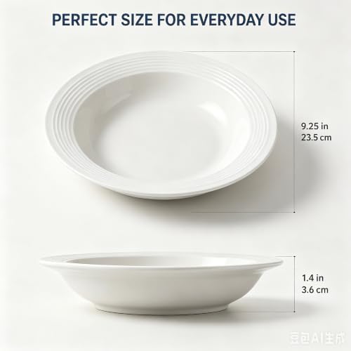 Soup and Pasta Bowls Set of 4, 9.25in Porcelain Wide Rim Plates