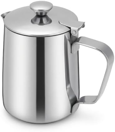 Milk Frothing Pitcher, 350ml (12oz), Stainless Steel Creamer with Lid