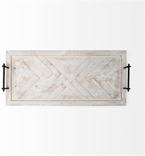 Maklaine Farmhouse Rectangular Whitewashed Wood Tray, Herringbone