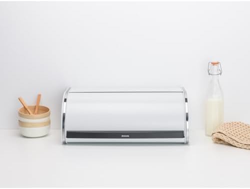 Brabantia Roll Top Bread Box | Large | White | Metal Front Opening Bread Store for Kitchen Countertop | Partly Flat Top for Extra Storage, Magnet Closing Lid | Fits 2 Loaves