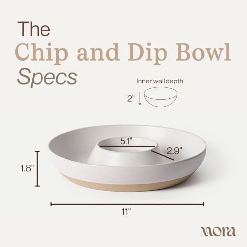 Mora Ceramic Chips and Dip Serving Tray: Large Divided Party Bowl Set for Chips & Salsa, Veggies & Dip, Fruit, Snacks, Entertaining, Hosting, etc. Minimalist Design for the Modern Hostess - White