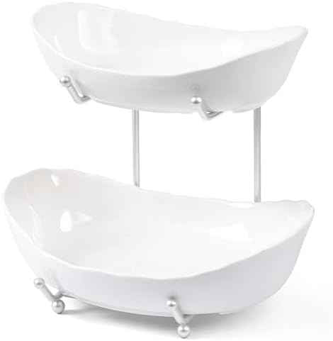 HBlife 2 Tier Fruit Bowl, Ceramic Fruit Basket for Kitchen Counter
